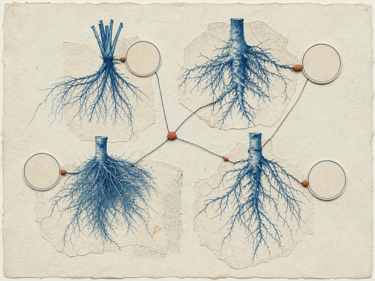 Patru sisteme de rădăcini cyanotype conectate prin fire subțiri